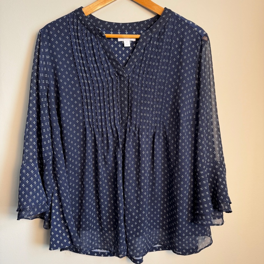 Charter Club Womens 1X Navy White Geometric Pleated V Neck Long Sleeve Blouse